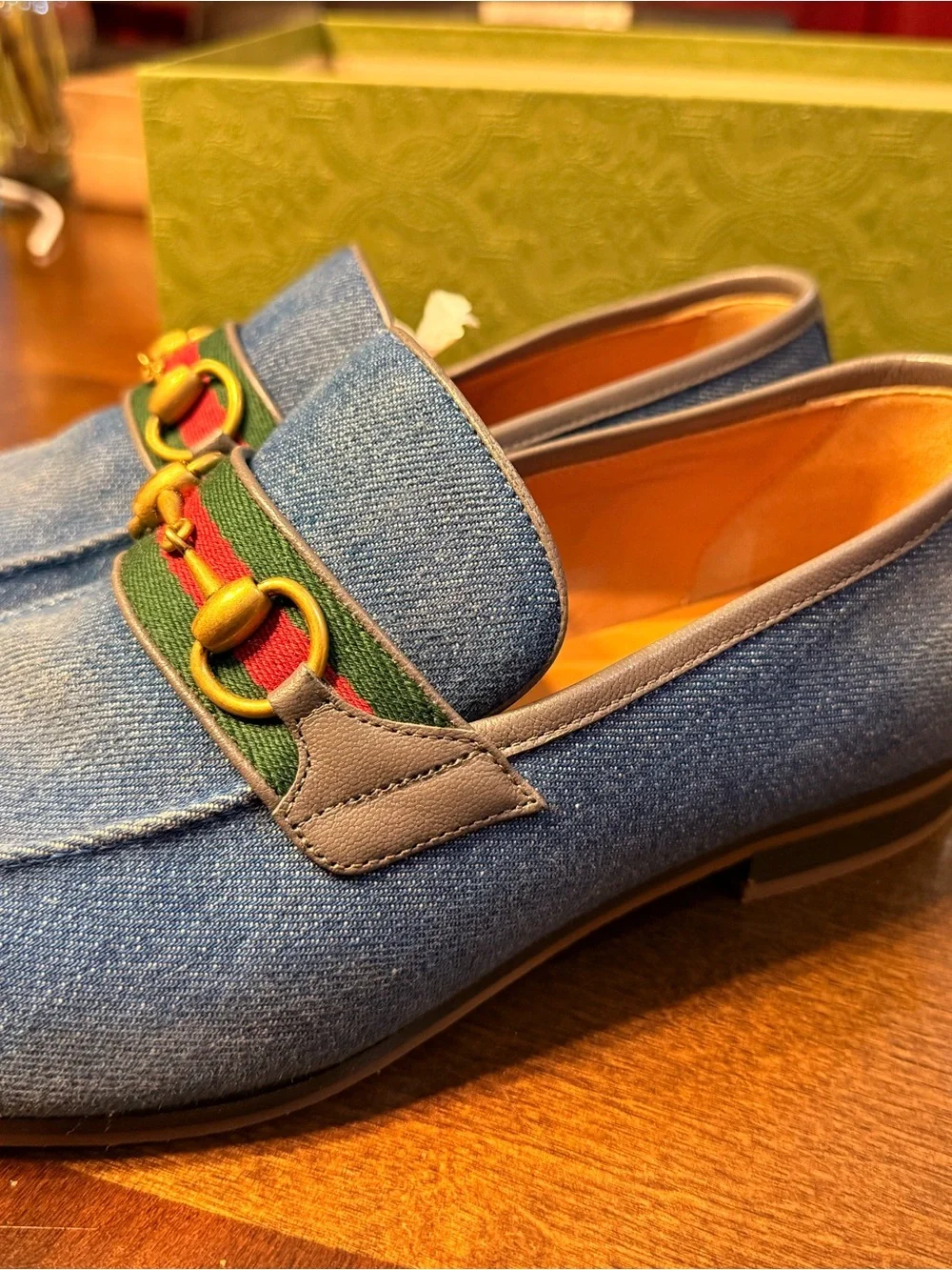 Gucci Men's Blue Denim Horsebit Loafers with Green-Red Web Strap US 11